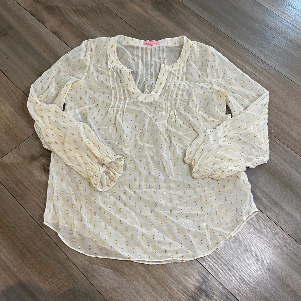 Lilly Pulitzer Blouse Gold Accents Sheer Long Sleeve Top‎ Women XS Bin P-15